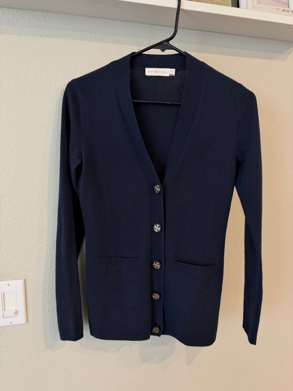 Tory Burch Navy Button V-Neck Cardigan